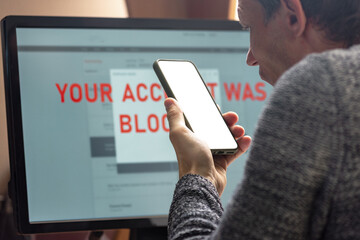 Angry frustrated man with blocked bank account yelling during talk with bank client support. Man...