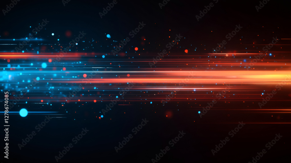 Poster Orange and blue glowing particles and fast motion blur lines on dark background creating a futuristic and technological look