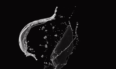 Real clean water splash on black background.