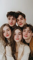 Four teenagers close-up portrait, indoors,  natural light.  Use Social media, magazine, blog