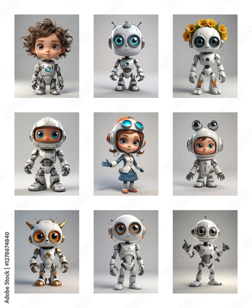 Poster nine cartoonish robots are displayed on a white backdrop. these toy-like robots are small, white, an