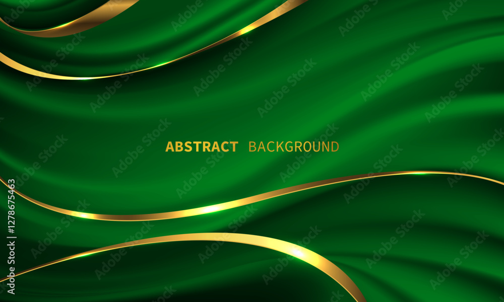 Poster abstract gold line ribbon curve overlap on green fabric wave design modern luxury elegant background