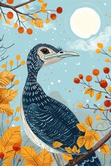 A stylized illustration of a bird surrounded by autumn leaves and a bright moon.
