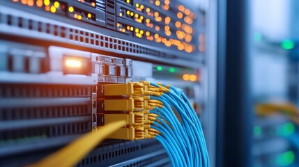 Network Server with Fiber Optic Cables Close Up