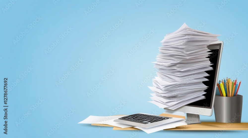 Poster overloaded computer monitor with papers and pencils on desk