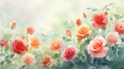Fototapeta premium Watercolor illustration of a vibrant rose garden with blooming red and pink roses surrounded by lush green leaves and a soft dreamy background 