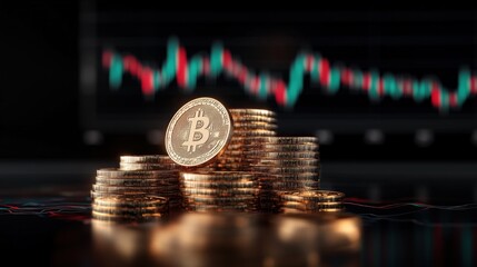 Futuristic cryptocurrency and blockchain concept with stacked gold coins