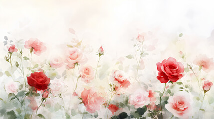 Watercolor illustration of a vibrant rose garden with blooming red and pink roses surrounded by lush green leaves and a soft dreamy background  
