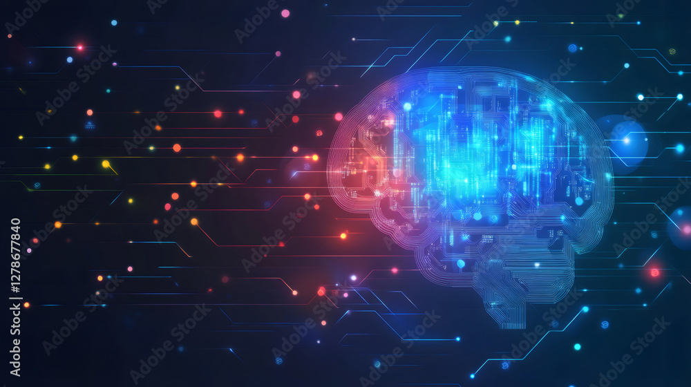 Poster Digital brain visualizing AI data processing, neural network connections glowing through electronic circuits representing machine learning technology