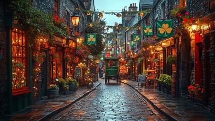Fototapeta premium A charming cobblestone street in a historic Irish village, fully decorated for St. Patrick’s Day with glowing lanterns, green banners, and shamrocks. The cozy shopfronts, colorful flowers, and warm li