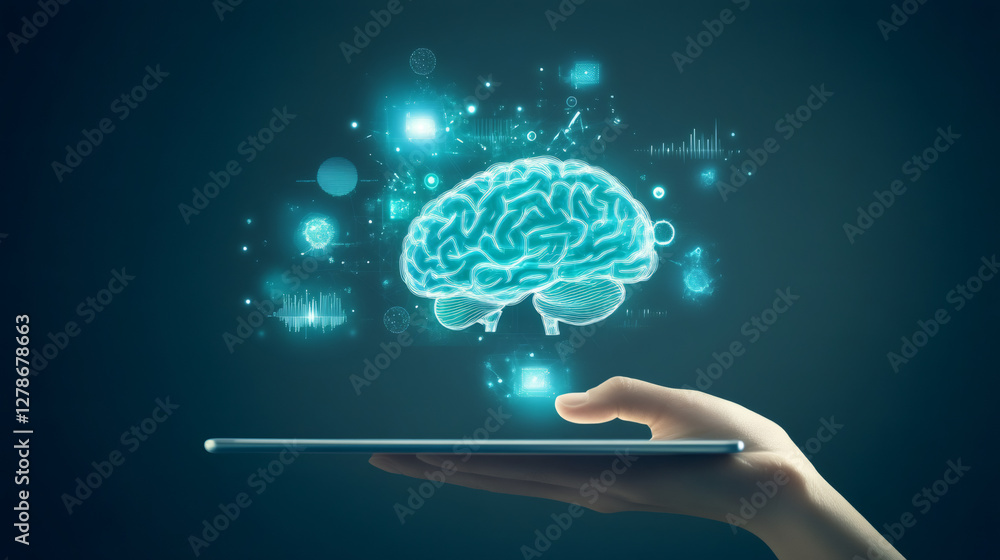 Aufkleber holographic digital brain projection hovering over tablet, representing neural network, ai technolog