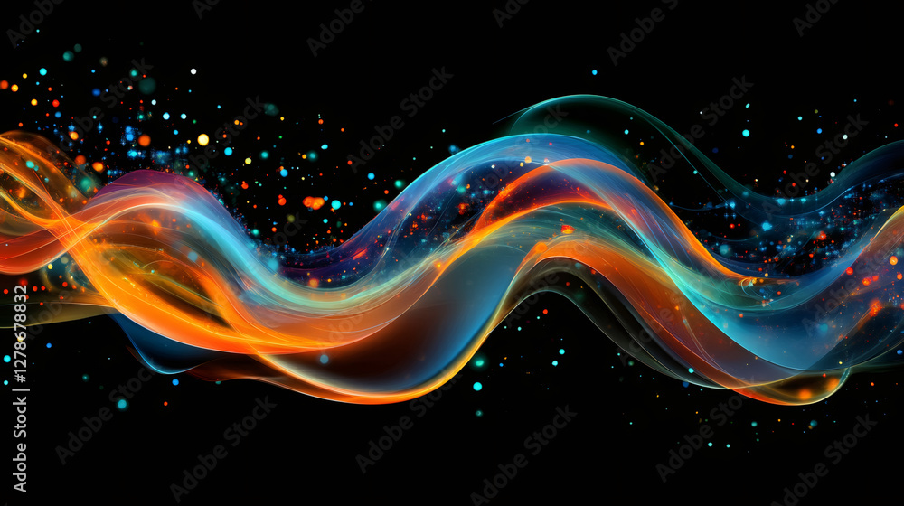Poster Luminous particles cascading through swirling colorful wave, generating dynamic motion against deep dark background