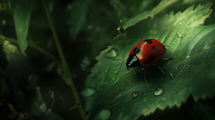 Obraz premium Ladybug crawling on a green leaf, vibrant colors. 