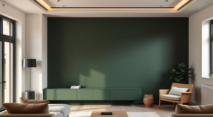 Inviting Living Room with Green Accent Wall and Modern Furnishings in Natural Light
