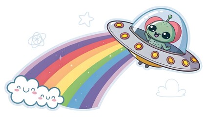 Little ufo with alien inside shooting a rainbow b