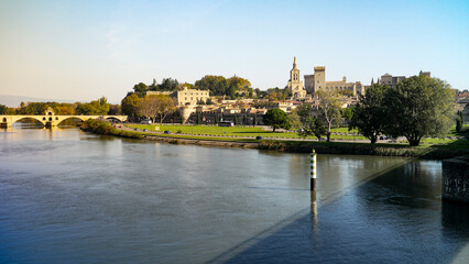 Fototapeta premium The Medieval part of Avignon in France as seen across the river Rhone