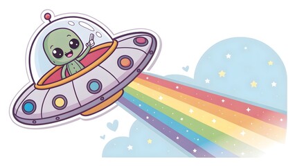 Little ufo with alien inside shooting a rainbow b