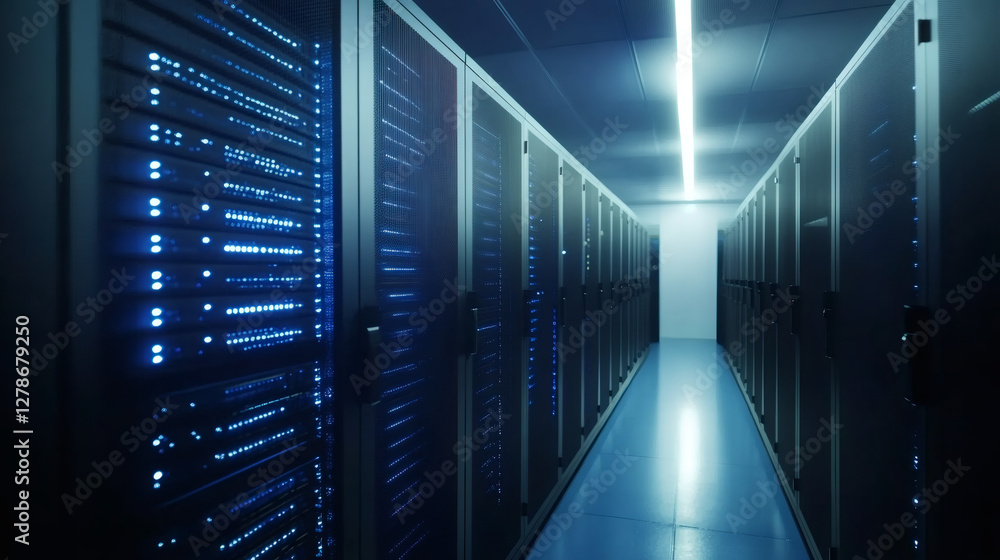 Poster illuminating server racks radiating blue light within a sleek, modern data center, showcasing advanc