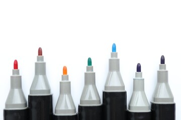Many colorful markers on white background. Art supplies
