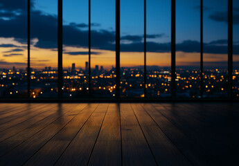 Fototapeta premium Empty wooden floor with city skyline view at night, showcasing beautiful sunset and city lights. atmosphere is calm and serene, perfect for relaxation