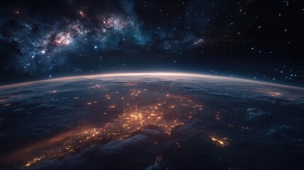 Obraz premium Vast view of Earth illuminated by city lights under a starry sky captured from space, highlighting the beauty of our planet from above