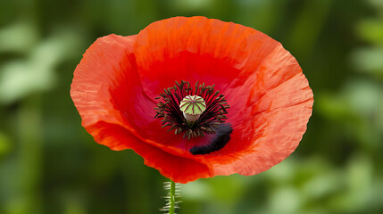 Fototapeta premium Red poppy flowers blooming in a field of green. 