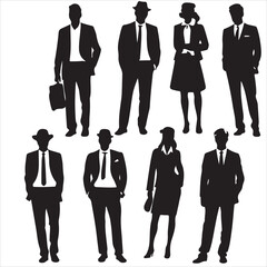 set of vector men and a women, a group of standing business people silhouette, back view of walking people, group of people at work