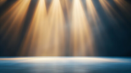 Obraz premium Soft spotlight beams creating a warm stage atmosphere. This cinematic lighting is perfect for entertainment branding, performance visuals, and artistic compositions. Selective focus