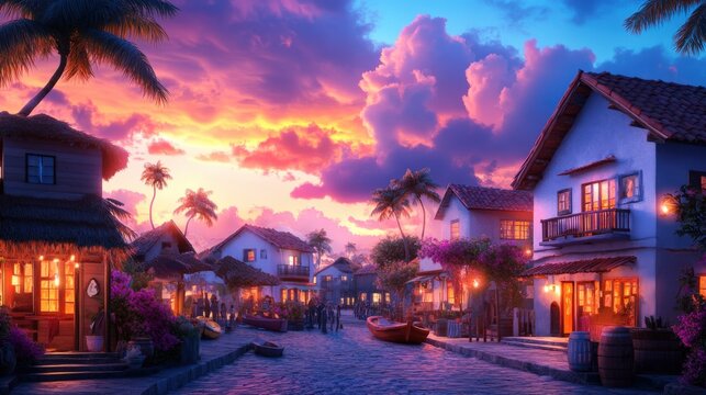 Vibrant lowbrow art depicting a bustling seaside town at sunset