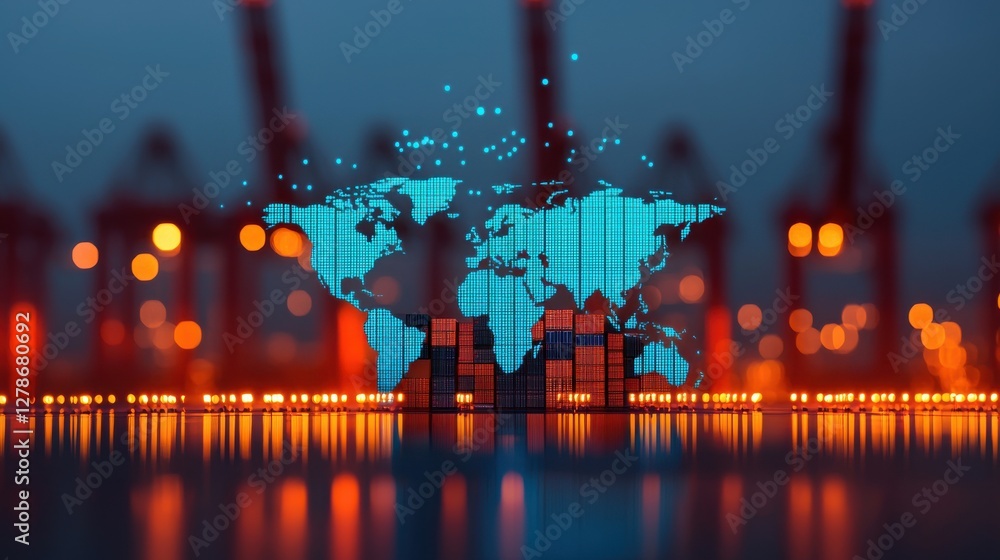 Poster illuminated cranes loading shipping containers large port logistic transportation hub nighttime pano