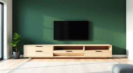 Modern Living Room with Wooden TV Stand and Green Wall Interior Design
