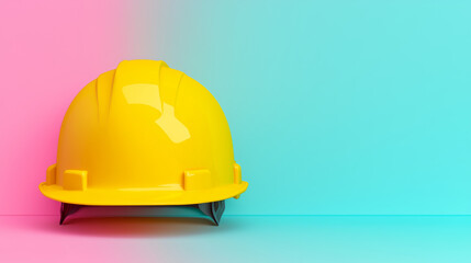 Fototapeta premium Yellow hard hat rests confidently against pastel background