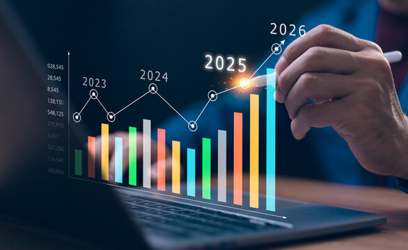 2024 to 2025 business financial plan market concept, performance of profit growth on 2024, education trend up finance on growth graph money revenue, Businessman analyzes profitability of working.