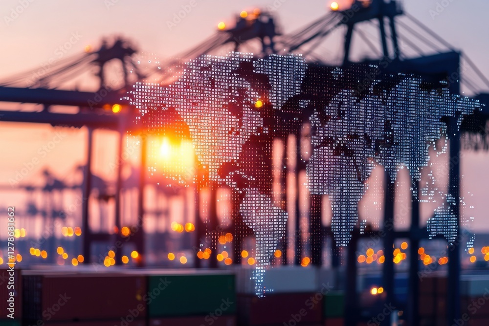 Poster cranes in action port logistics at dusk transportation hub loading containers twilight setting indus