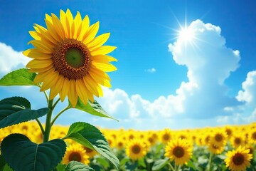 Radiant yellow sunflower towering above a sea of blues, sky, blue
