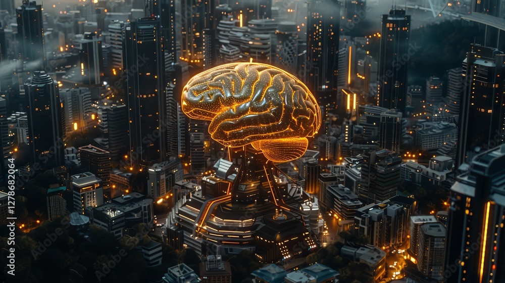Poster glowing human brain with network connections representing the concept of artificial intelligence