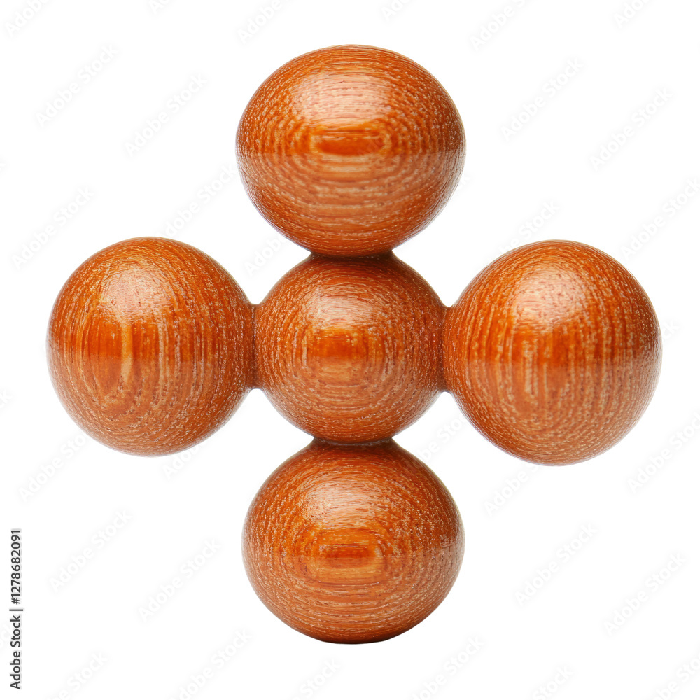 Poster wooden structure with four spherical elements arranged in a cross shape.