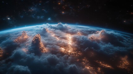 Mystical view of illuminated clouds over a distant planet in a star-filled galaxy at twilight