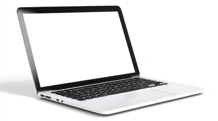 Silver Laptop with Blank White Screen on White Background