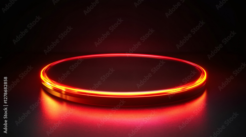 Poster circular empty podium glowing with vibrant red and gold neon, casting dramatic shadows on dark backd
