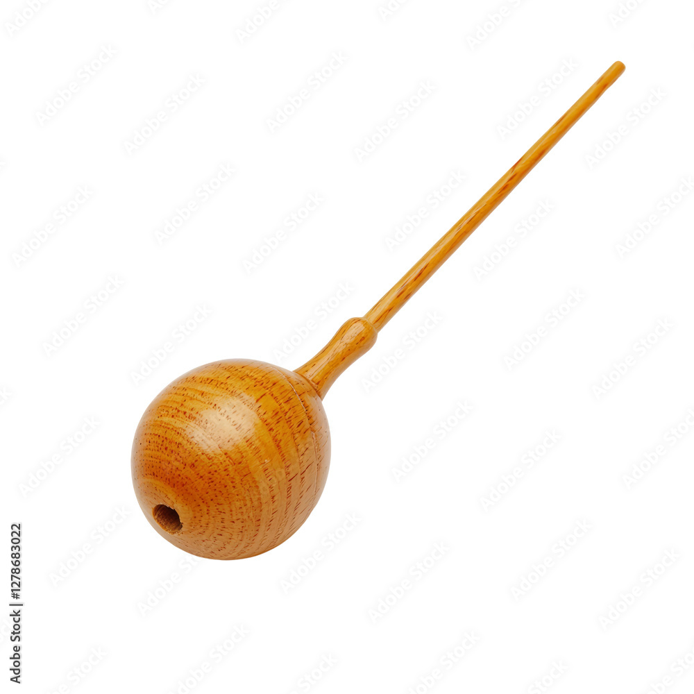 Poster wooden tool with a spherical end and a long handle on a transparent background.