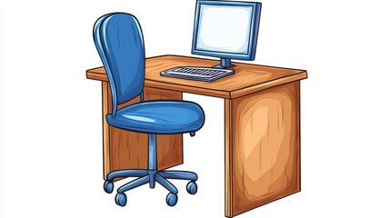 Fototapeta premium Simple Illustration of a Wooden Desk with Blue Office Chair and Computer
