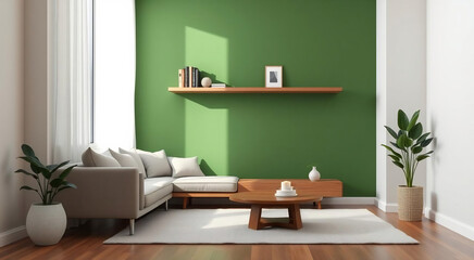 Bright Living Room Interior with Green Wall Wooden Furnishings and Natural Light