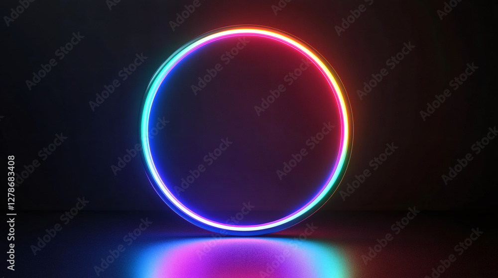 Aufkleber rainbow colored neon light creating a perfect circle in a dark room, illuminating the floor with vib