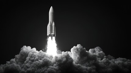 Obraz premium Rocket Launching into Space, A rocket launching into space, surrounded by clouds and a starry sky