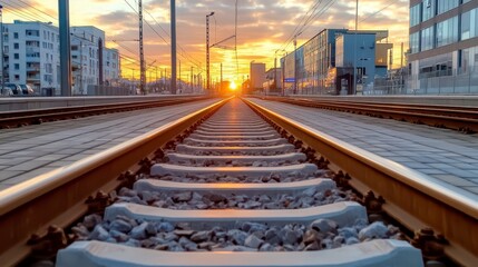 Fototapeta premium Sunset Over City Train Tracks Warm Light and Modern Architecture