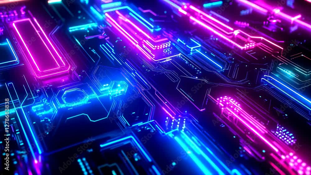 Poster vibrant neon gaming background with angular shapes and glowing circuit patterns in electric colors