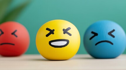 Fototapeta premium Three Emotional Spheres Red, Yellow, and Blue Painted Spheres Representing Sadness and Forced Happiness