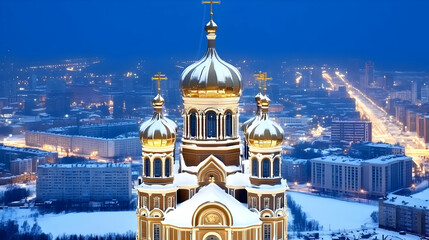 Obraz premium Winter Cityscape Church, Snowy Golden Domes