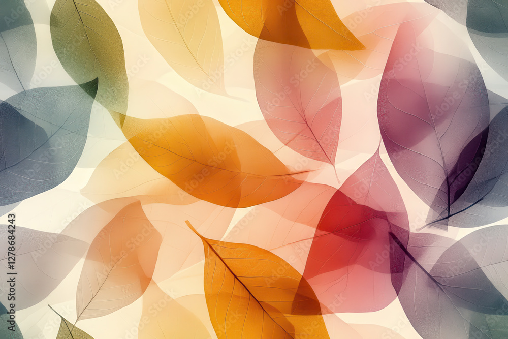 Poster translucent leaves in various colors create vibrant, artistic pattern, seamless pattern style.